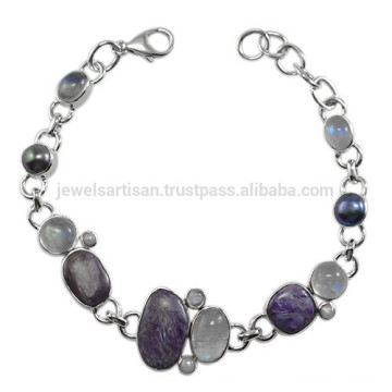 Natural Charoite Pérola Rainbow Moonstone com 925 Sterling Silver Designer Pulseira Jóias